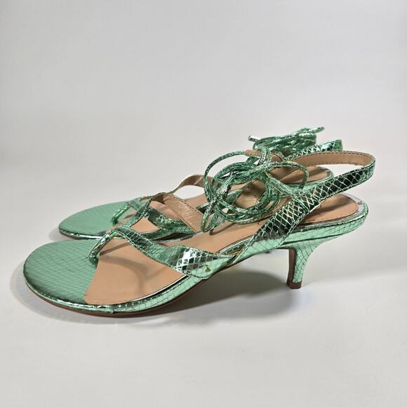 L Jewel Badgley Mischka Nolin Metallic Green Ankle Wrap Thong Sandals Heels Sz 6 - Picture 5 of 10